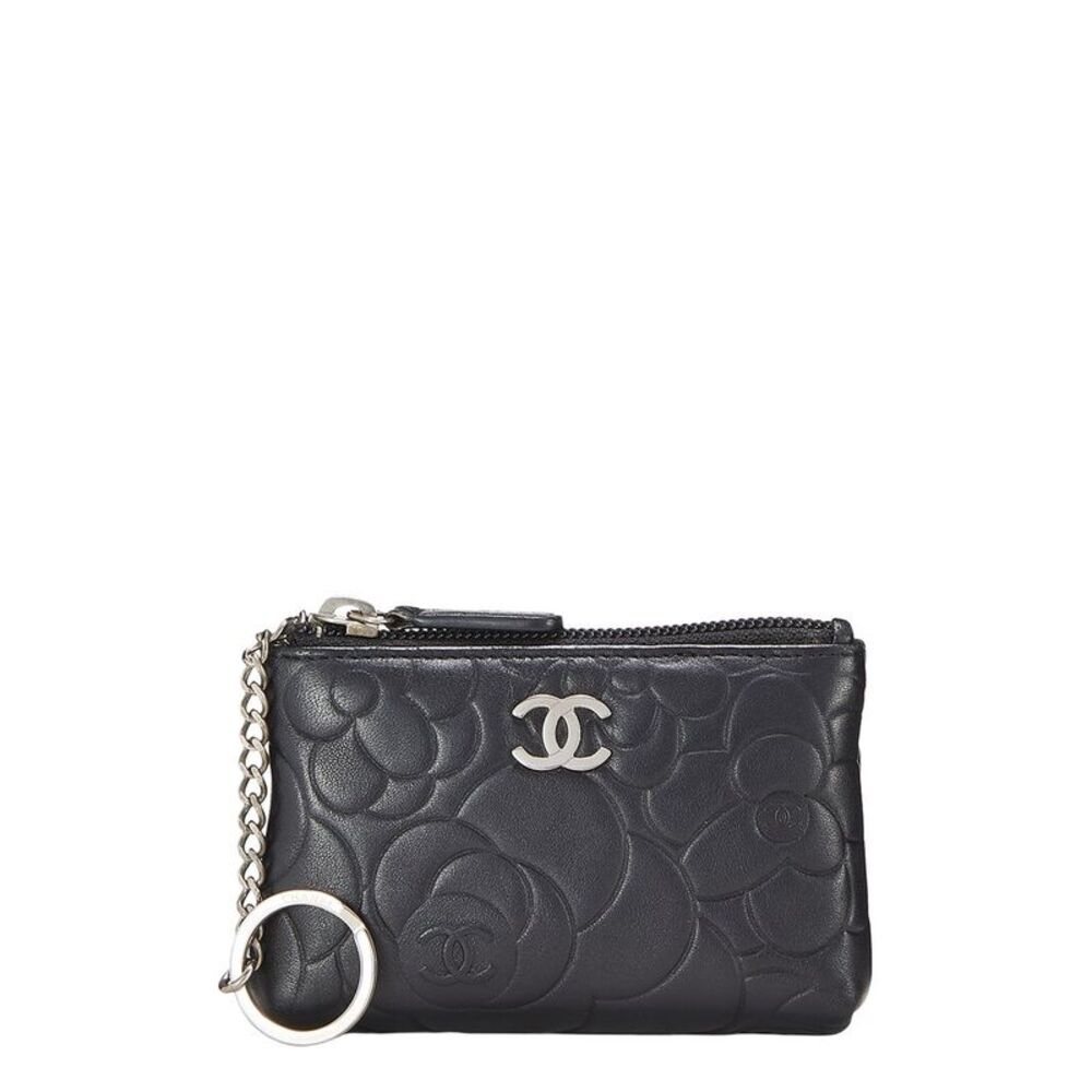 Chanel Black Embossed Leather Camellia Coin Purse (Authentic Pre-Loved)